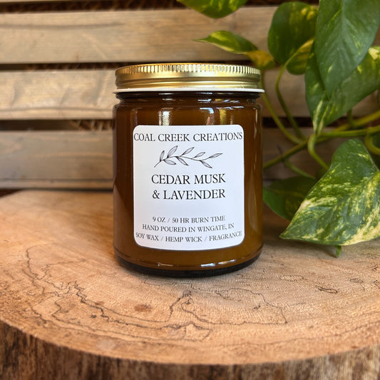 Cedar Musk and Lavender | Scented Natural Soy Candle | Hand poured in Amber Jars with Organic Hemp Wick | Phthalate-free |