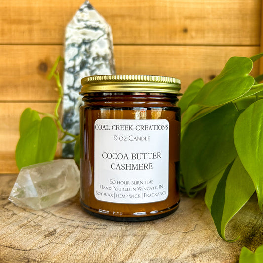 Cocoa Butter Cashmere | Scented Natural Soy Candle | Hand poured in Amber Jars with Organic Hemp Wick | Phthalate-free |